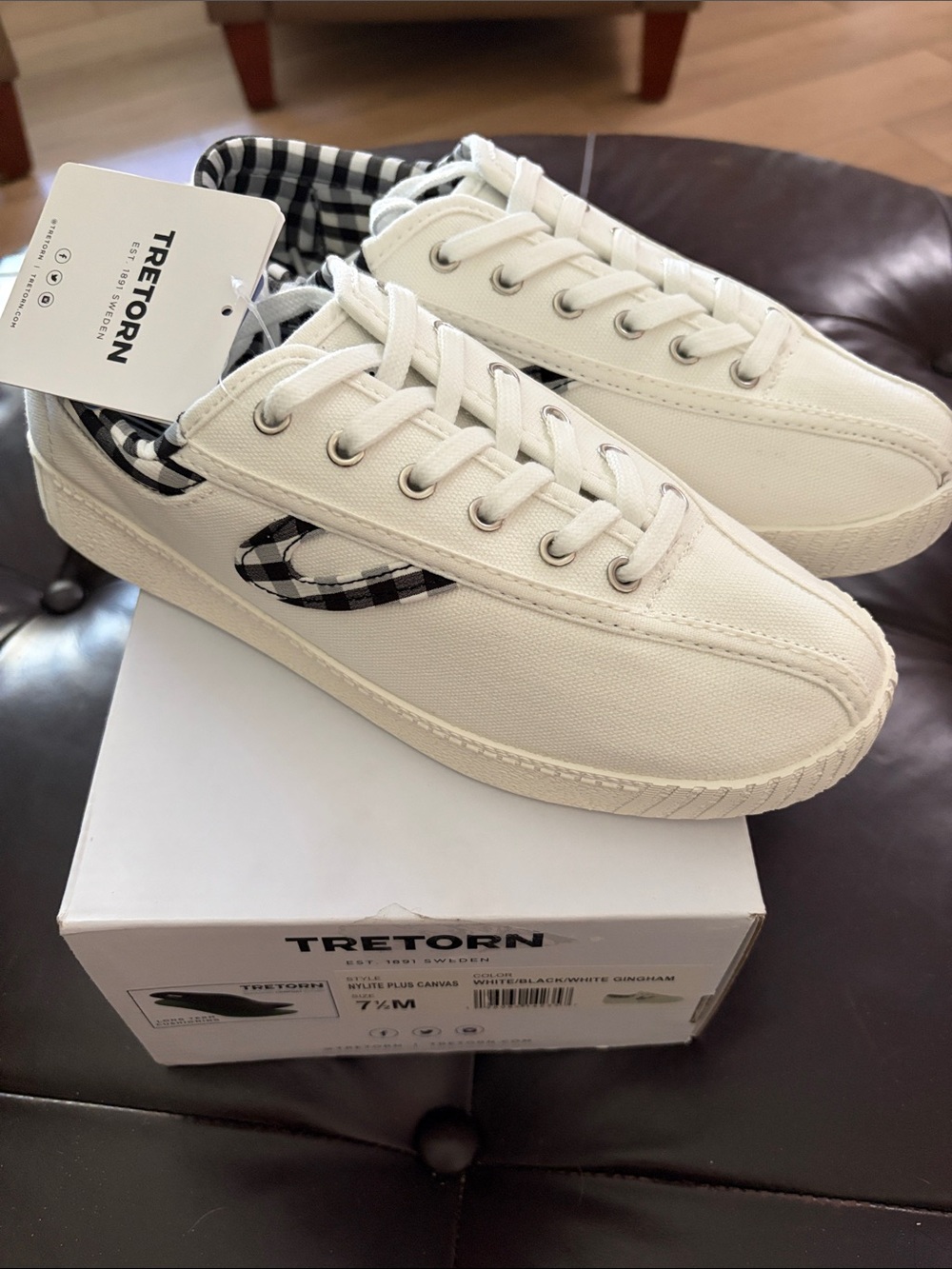 Tretorn White Canvas Sneakers with Black Gingham Accent